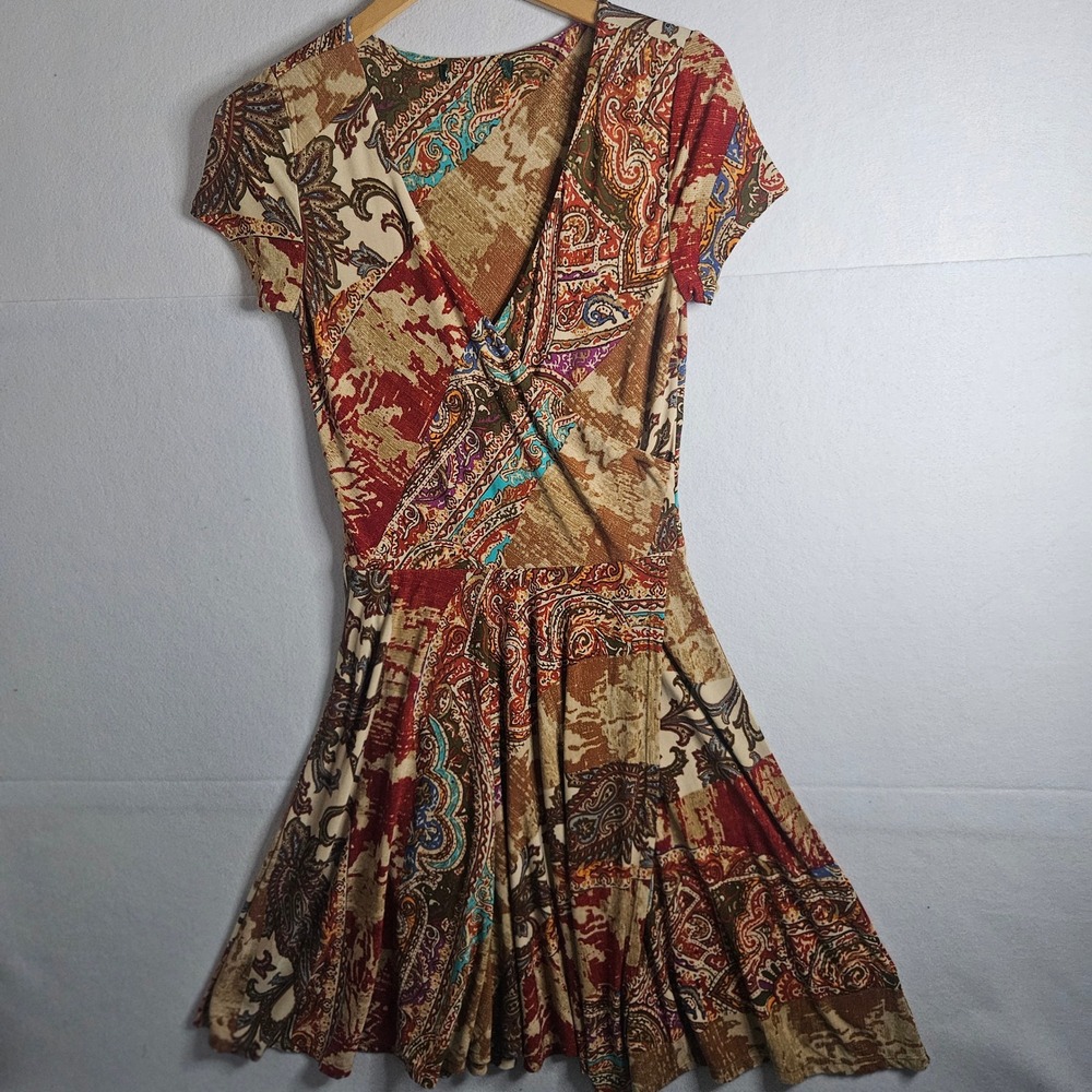 Lauren Ralph Lauren Paisley Patchwork Wrap Dress Multi Color V-Neck Short Sleeve